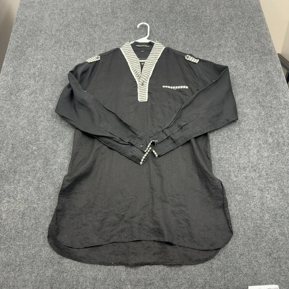 Glance Party Wear Shirt Mens XXL Black Linen Look Epaulettes V Neck Casual Boho